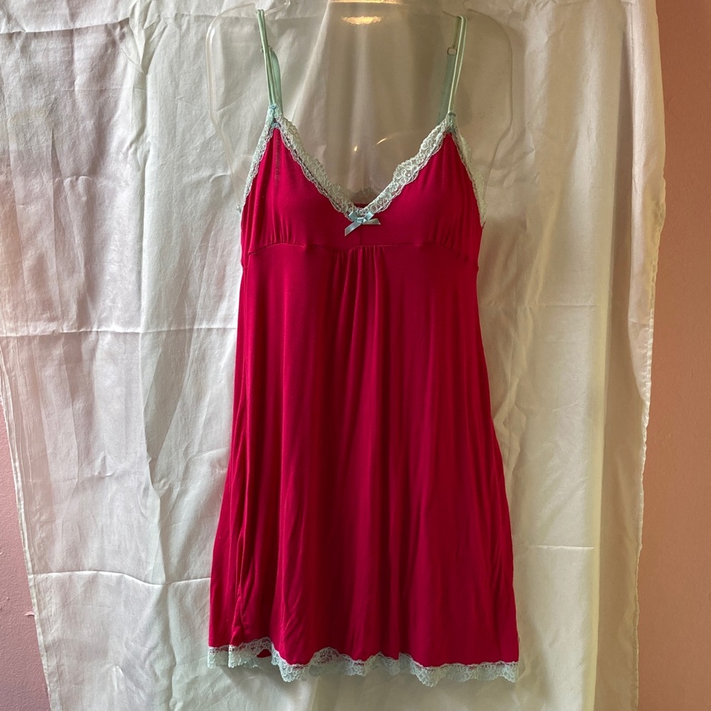 Fuchsia Chemise with Light Blue Lace Trim